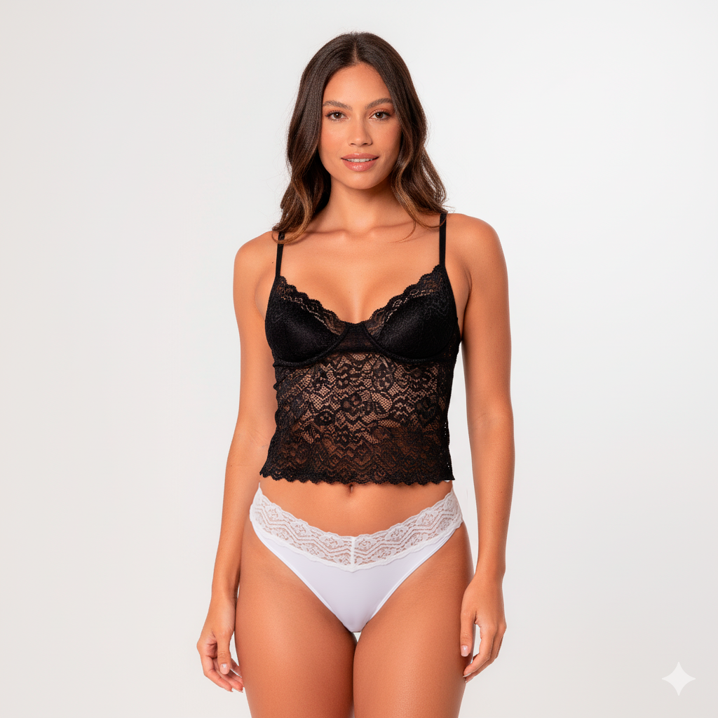 Kit 3 Calcinhas Tradicional Em Renda Preto, Branco e Rosa