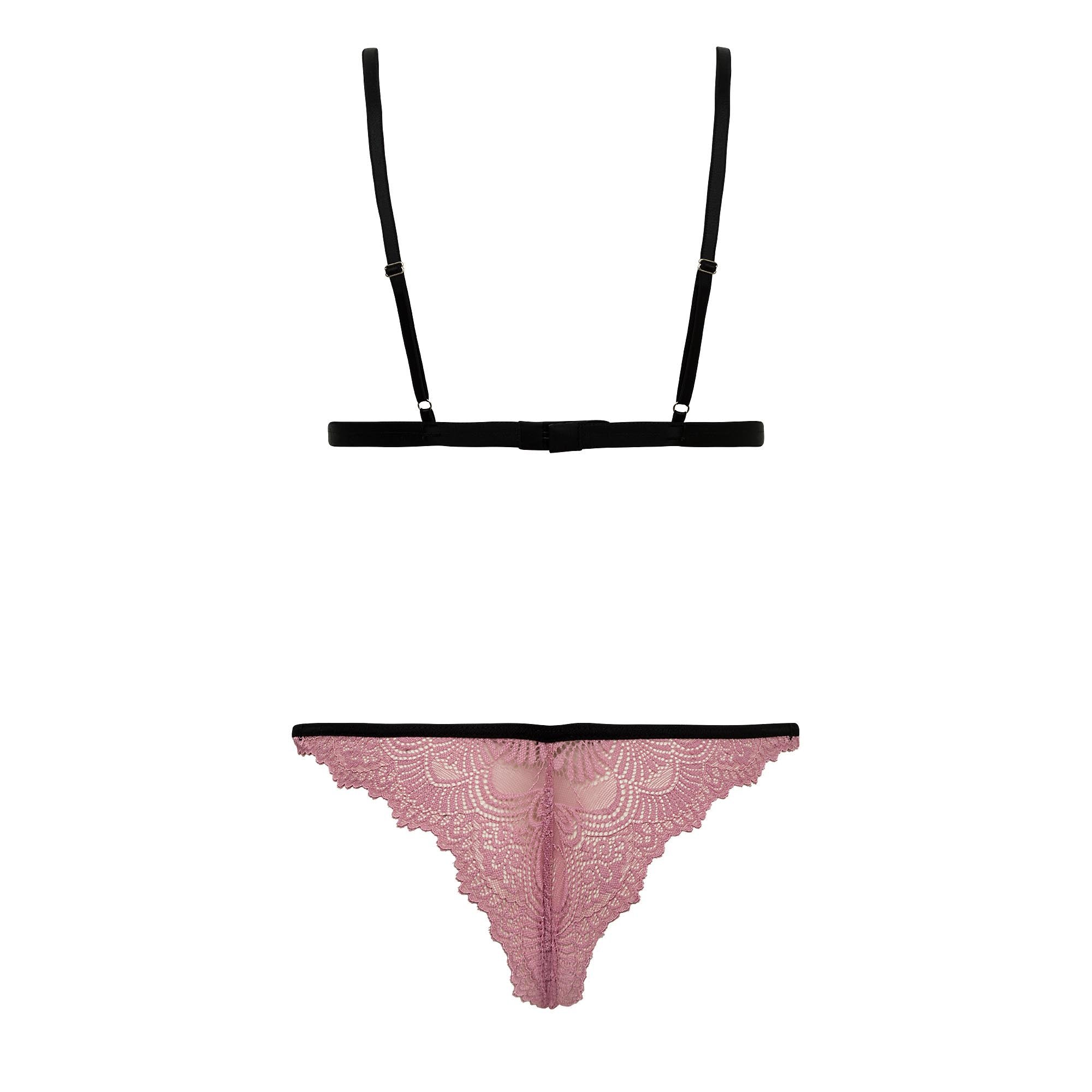 Conjunto De Sutiã Top Triângulo E Calcinha  Com Regulagem Em Renda Rosa Seco E Detalhes Preto Luana